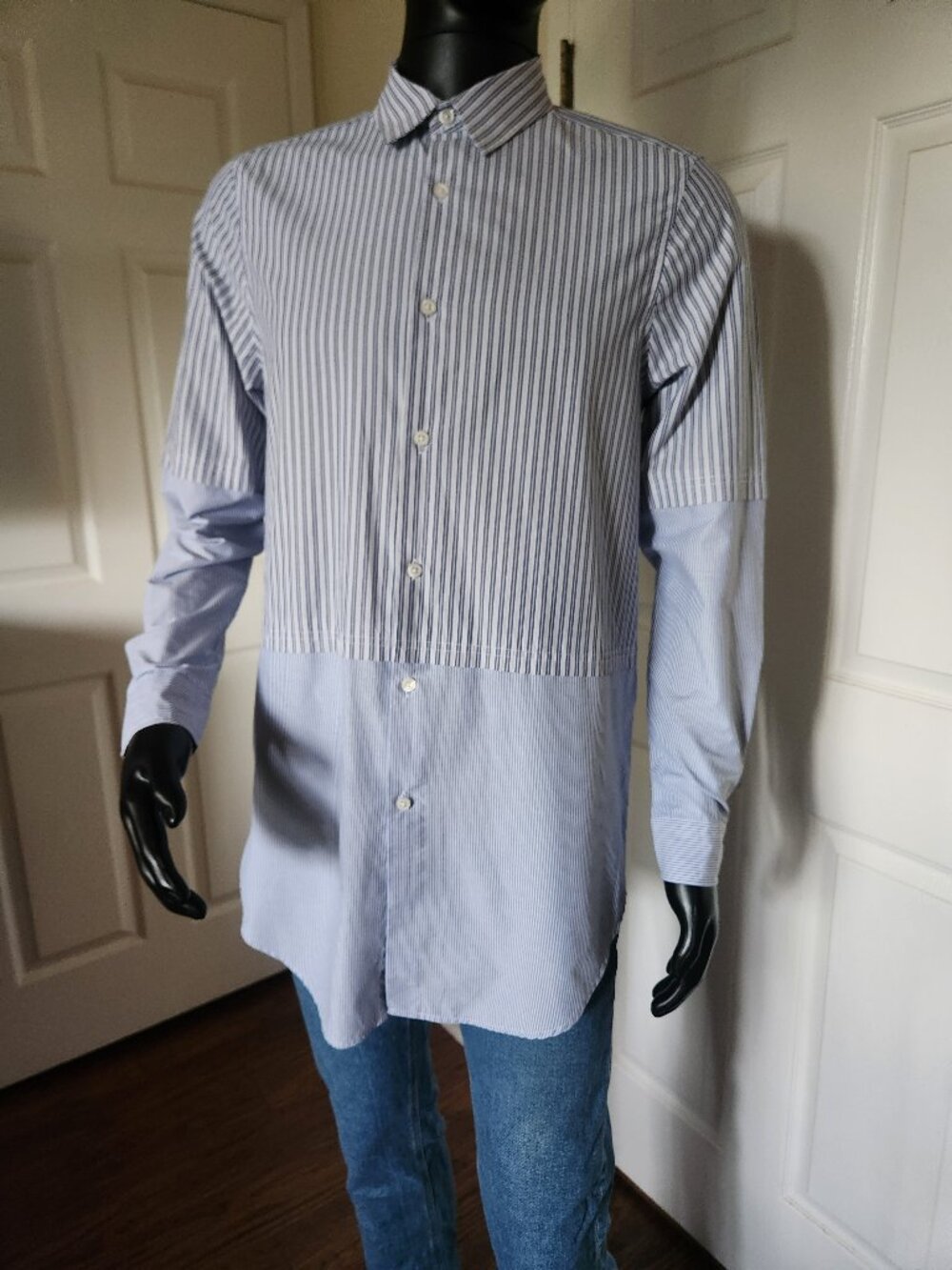 Engineered Patchwork Long-sleeve Men's Shirt, Size M, Blue and White